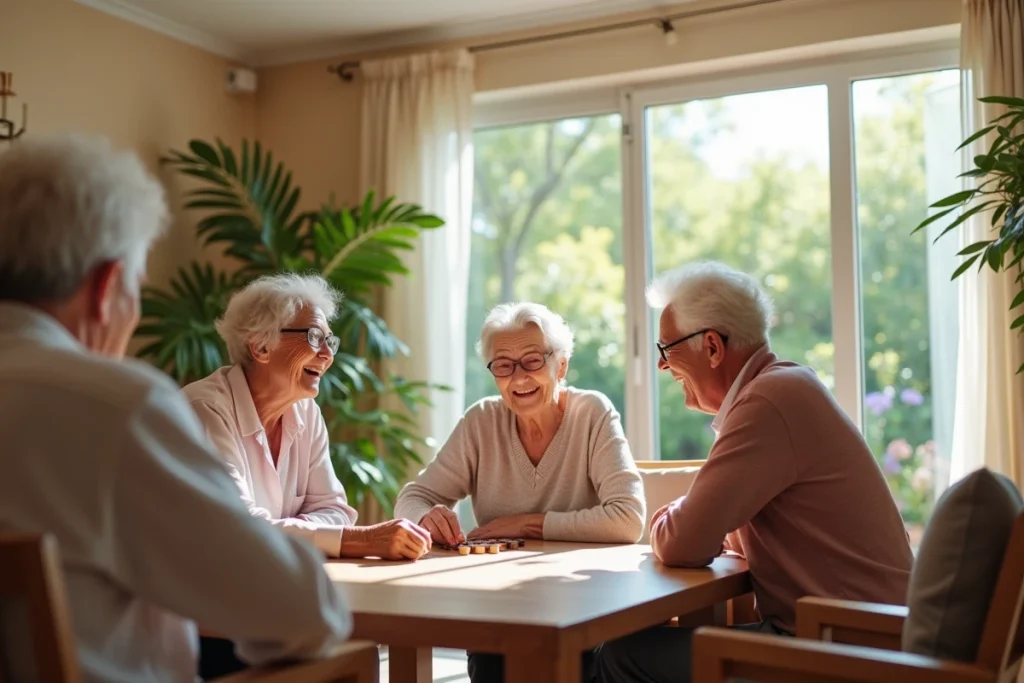Résidents seniors jouant ensemble dans la salle commune d'une résidence Seniorhome à Nîmes, convivialité et lien social au quotidien