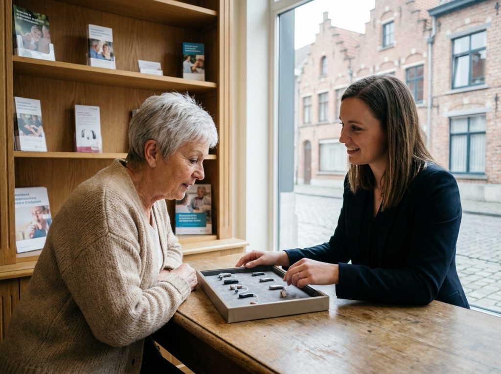 Femme senior découvrant différents modèles d'aides auditives avec une audioprothésiste dans un magasin en Belgique