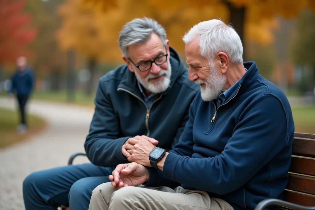 Père âgé et fils adulte examinant ensemble une montre GPS de sécurité dans un parc en automne