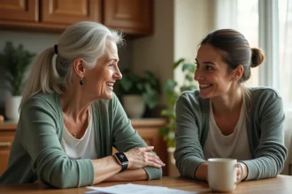 Femme âgée avec montre connectée discutant avec sa fille autour d'une table de cuisine chaleureuse