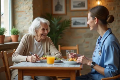 Personne âgée partageant un repas avec une aide-soignante dans une résidence senior à Nîmes, atmosphère chaleureuse et familiale