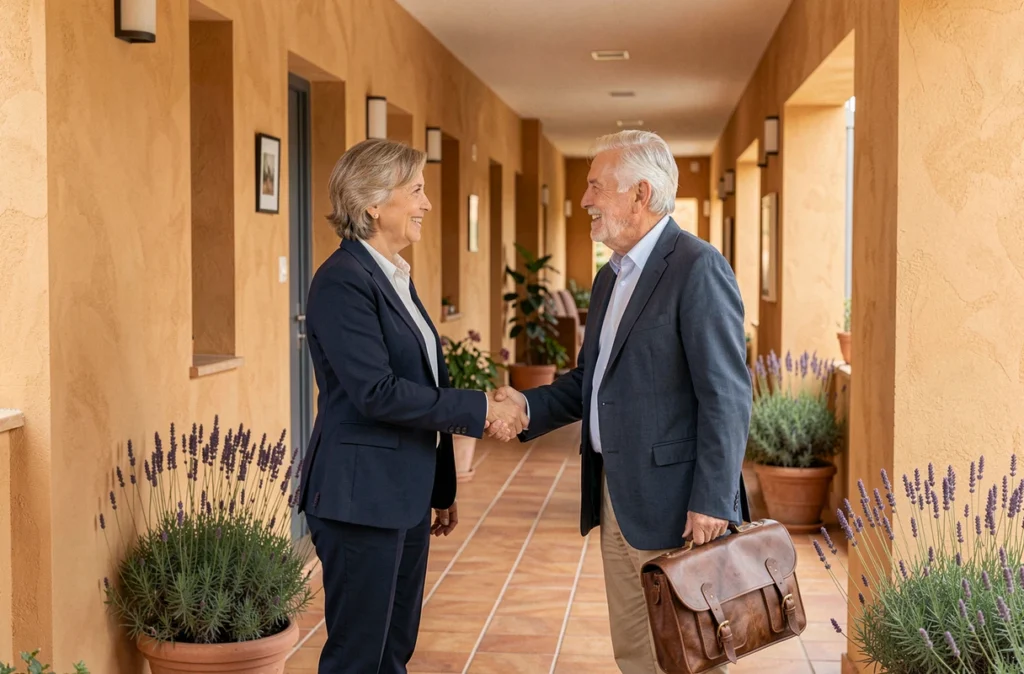 Une conseillère accueille un senior à l'entrée d'une maison de retraite moderne à Nîmes avec une décoration méditerranéenne