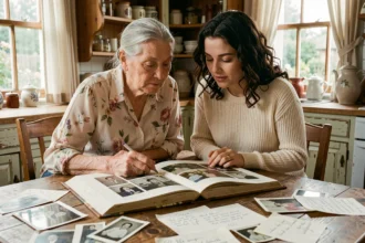 Grand-mère et petite-fille créant ensemble un album photo intergénérationnel sur une table en bois avec des photos de famille vintage