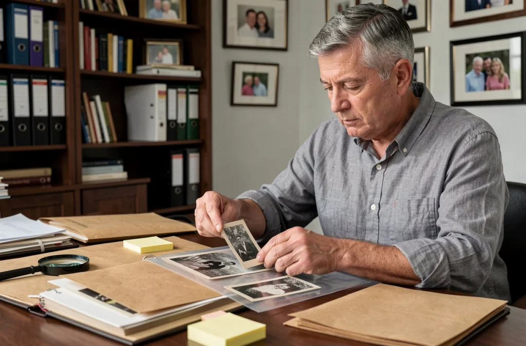 Homme d'âge mûr classant des photographies de famille anciennes dans des pochettes d'archivage pour créer un album intergénérationnel