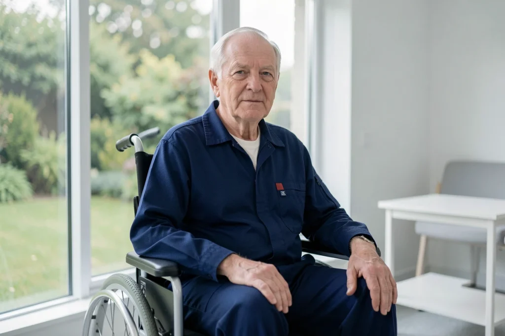 Homme âgé en fauteuil roulant portant une combinaison adaptée bleue marine dans un établissement de soins moderne avec vue sur jardin