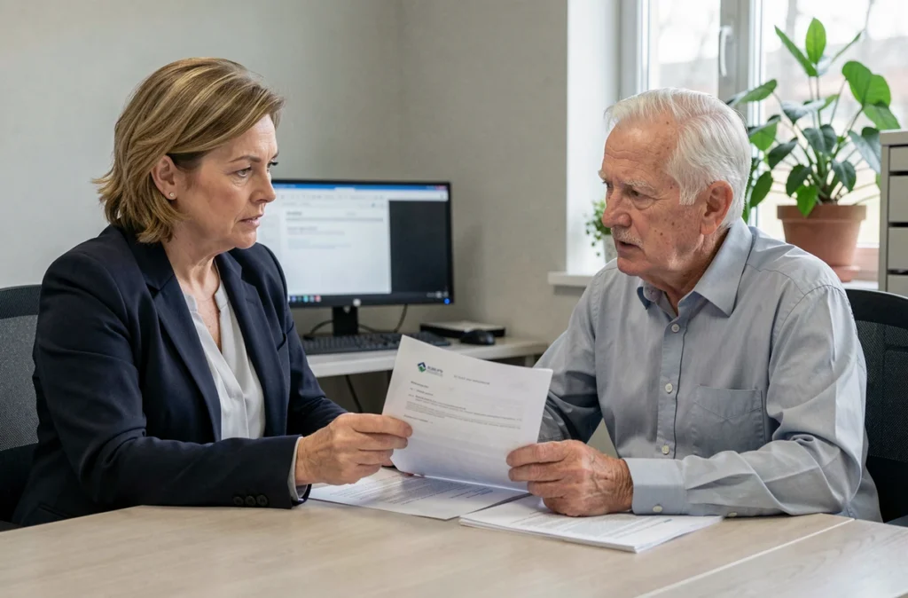 Conseillère sociale aidant un senior à remplir un dossier d'entrée urgente en établissement pour personnes âgées
