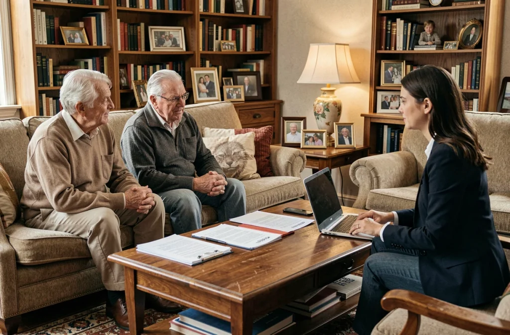 Couple de locataires seniors consultant une professionnelle juridique sur leurs droits de maintien dans les lieux