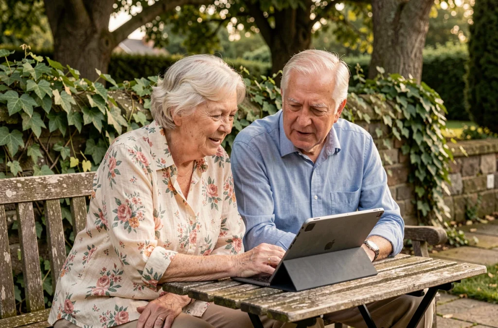 Couple de seniors utilisant une tablette dans un jardin pour communiquer avec leur famille éloignée, représentant le maintien du lien intergénérationnel grâce aux outils numériques