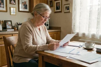 Femme âgée passant en revue des documents administratifs pour une entrée en maison de retraite