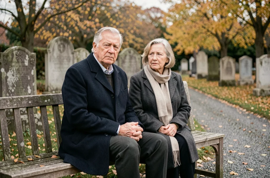 Couple de personnes âgées recueilli dans un cimetière en automne, moment de deuil et de soutien mutuel