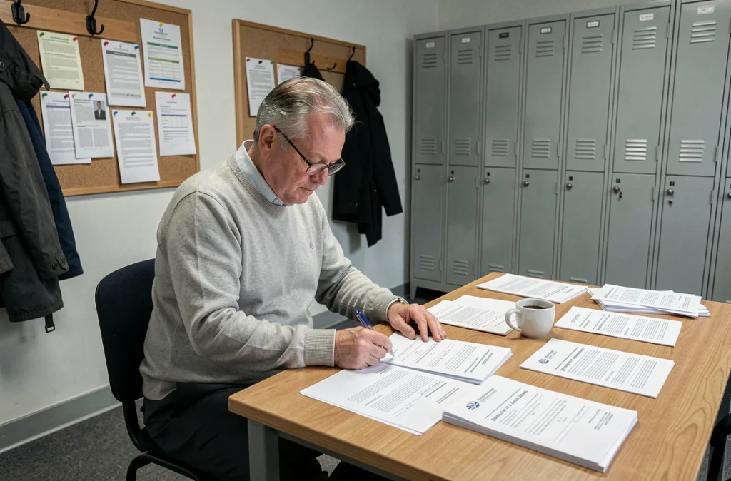 Enseignant senior consultant des documents de réforme des retraites dans la salle des professeurs d'un établissement scolaire