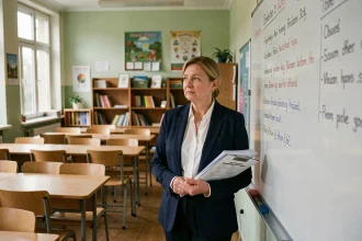 Enseignante expérimentée dans une salle de classe tenant des documents administratifs liés à la réforme de l'âge de la retraite 2026