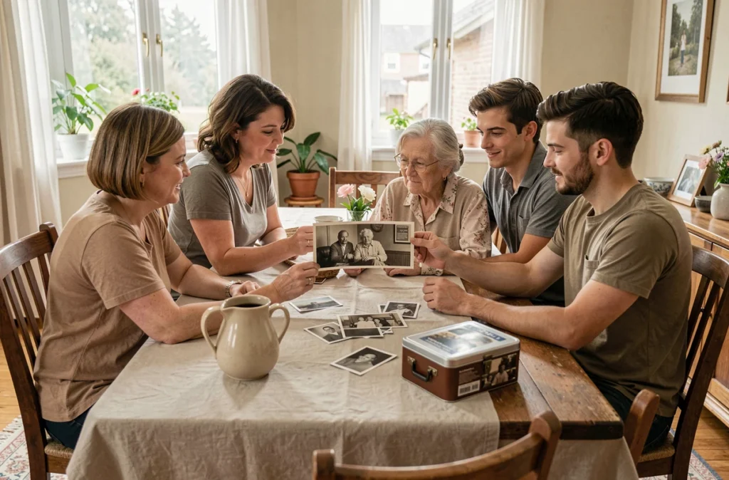 Une famille réunie autour d'une table examine ensemble une vieille photographie restaurée transmise de génération en génération