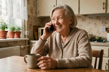 Femme âgée souriante passant un appel téléphonique dans sa cuisine pour rompre l'isolement