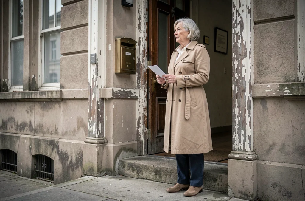 Femme âgée locataire devant l'entrée de son immeuble tenant un courrier de son propriétaire