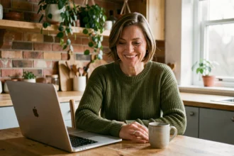 Femme d'âge mûr souriante lors d'un appel vidéo sur ordinateur portable dans une cuisine chaleureuse, symbolisant le lien familial à distance grâce au numérique