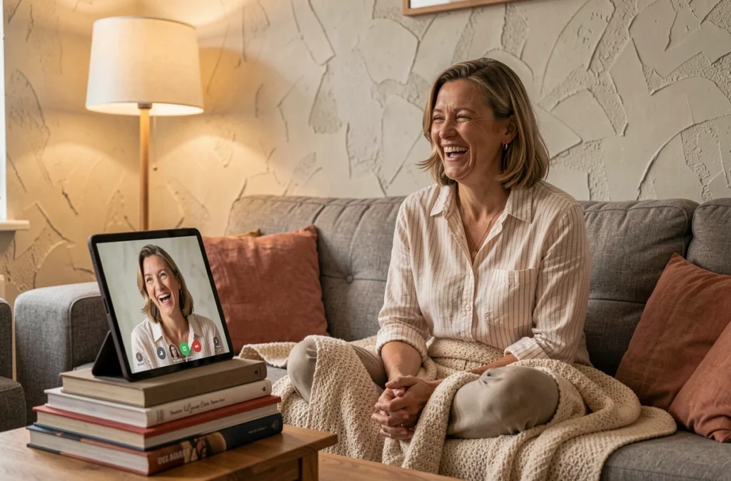 Femme adulte riant lors d'un appel vidéo avec une amie sur tablette pour briser l'isolement