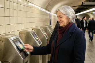 Femme senior utilisant sa carte Navigo à un tourniquet du métro parisien pour bénéficier des tarifs réduits RATP