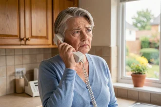Femme âgée utilisant un téléphone fixe à fil dans sa cuisine, inquiète du passage à la fibre optique Orange en 2026