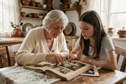 Une grand-mère et sa petite-fille feuillettent ensemble un album photo de famille autour d'une table en bois dans une cuisine rustique
