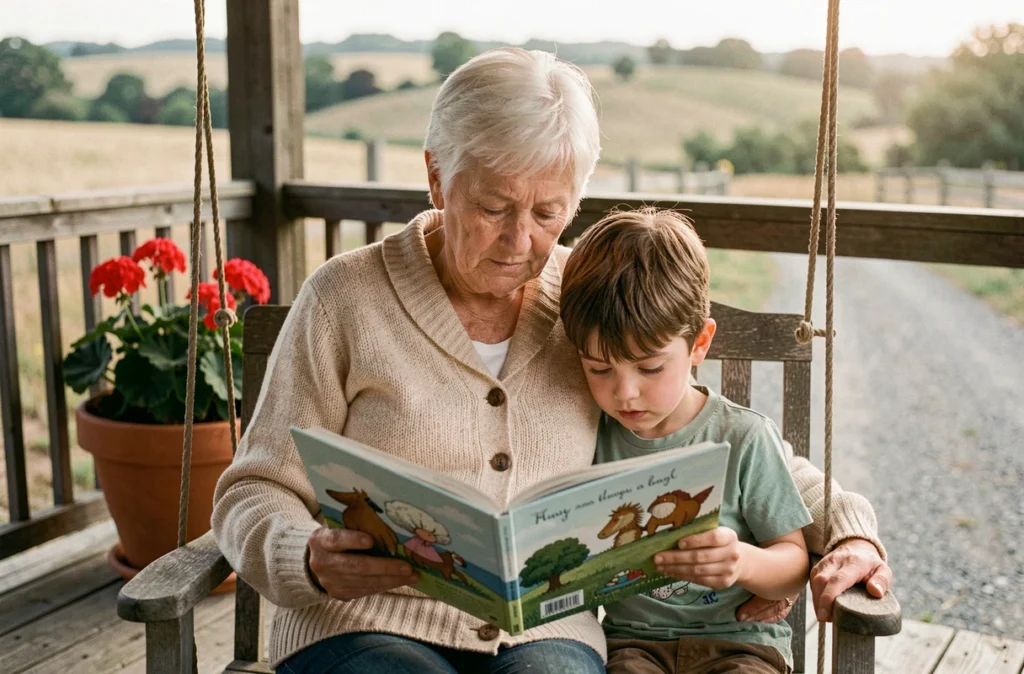 Grand-mère lisant une histoire à sa petite-fille sur le porche lors de retrouvailles familiales à la campagne