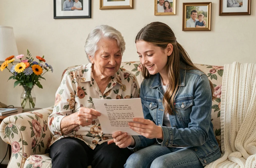 Grand-mère et petite-fille lisant ensemble un poème imprimé sur un canapé fleuri