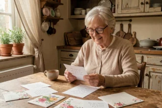 Grand-mère lisant un poème imprimé sur une carte dans une cuisine chaleureuse