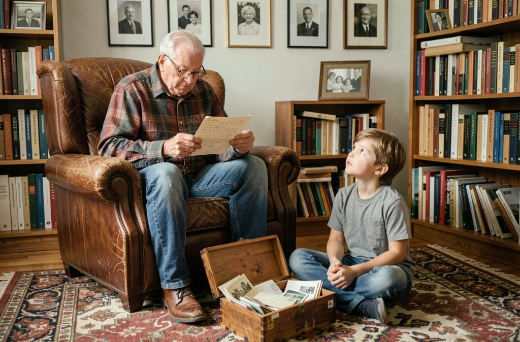 Un grand-père lit une vieille lettre manuscrite à son petit-fils assis à ses pieds dans un salon familial chargé de souvenirs