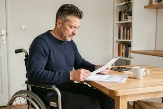 Homme en fauteuil roulant examinant des documents administratifs sur l'AAH à son domicile