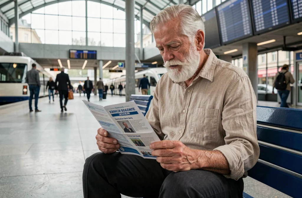 Homme senior lisant un guide des tarifs réduits RATP pour personnes âgées dans une gare RER parisienne