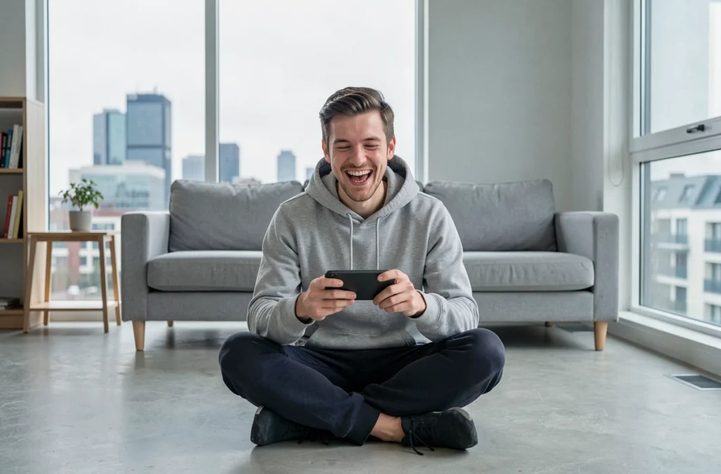 Jeune homme riant lors d'un appel vidéo de groupe sur smartphone dans un appartement moderne, illustrant les connexions sociales maintenues à distance via les outils numériques