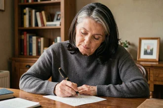 Femme écrivant une lettre de condoléances manuscrite pour un défunt âgé, ambiance douce et recueillie