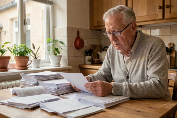 Locataire âgé de plus de 65 ans examinant des documents de bail à sa table de cuisine