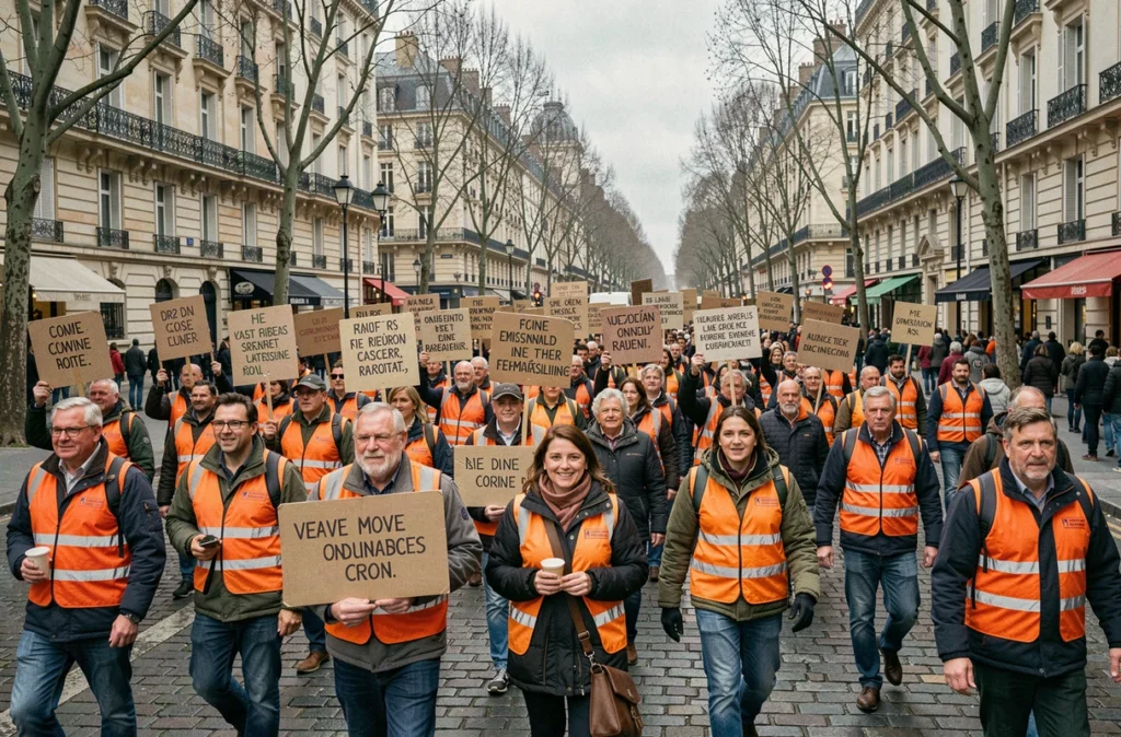 Manifestation syndicale dans une rue haussmannienne française avec des travailleurs portant des pancartes revendicatives