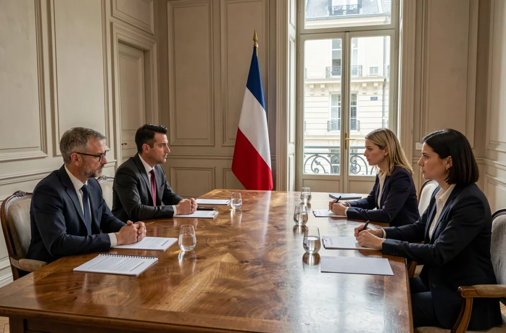 Réunion de négociation sociale entre syndicats et représentants du gouvernement dans une salle officielle parisienne
