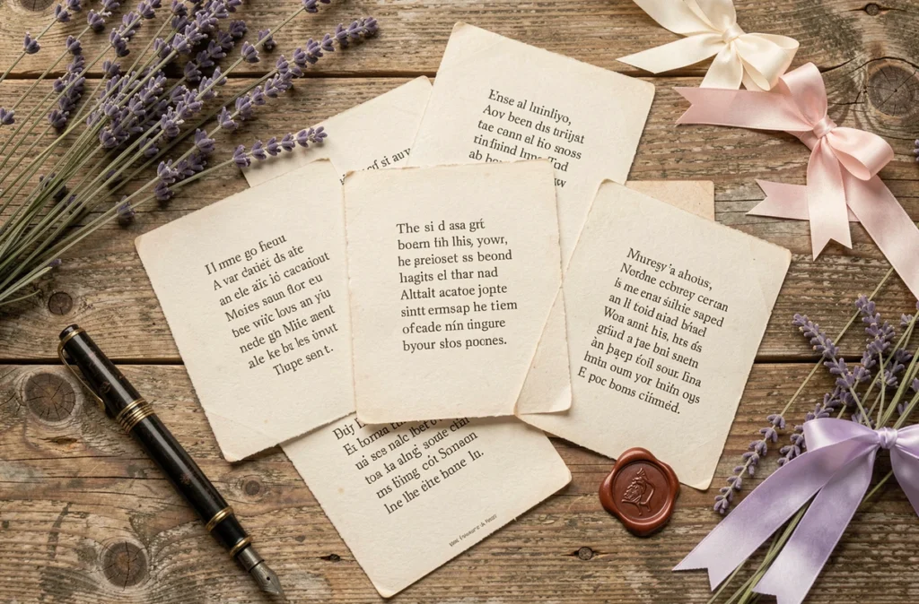 Poèmes pour mamie imprimés sur papier crème avec décoration artisanale en vue de dessus