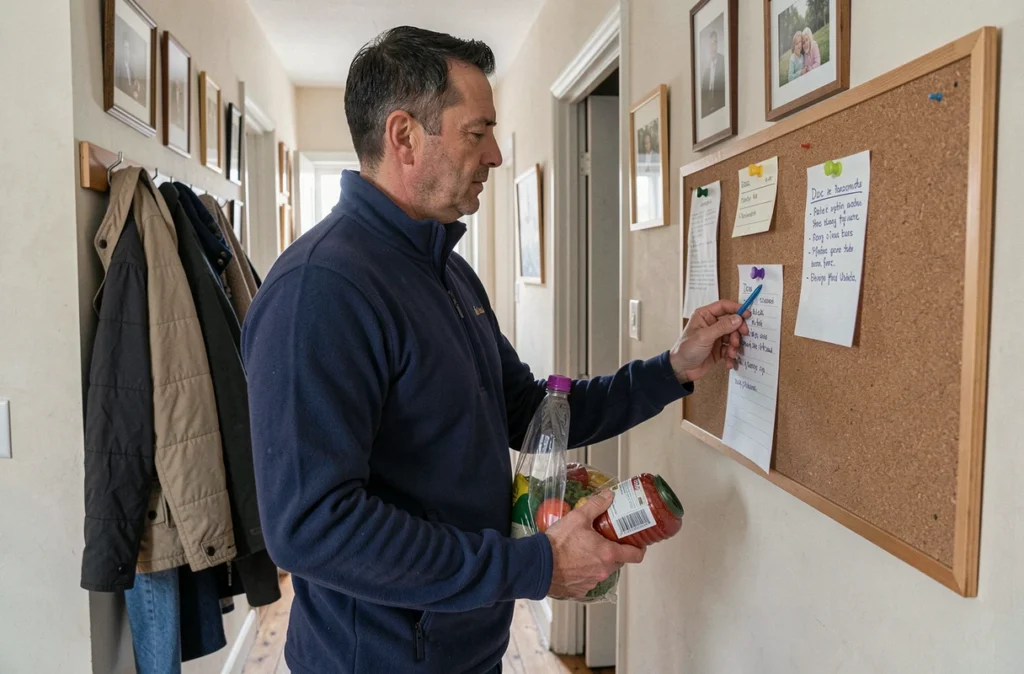 Homme aidant consultant une liste de tâches dans le couloir de son appartement tout en portant des courses