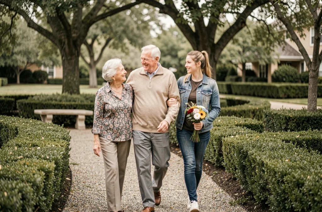 Un couple de personnes âgées se promène dans le jardin d'une résidence senior avec leur petite-fille
