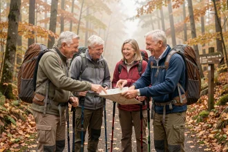 Groupe de randonneurs seniors célibataires réunis autour d'une carte au départ d'un sentier forestier en automne