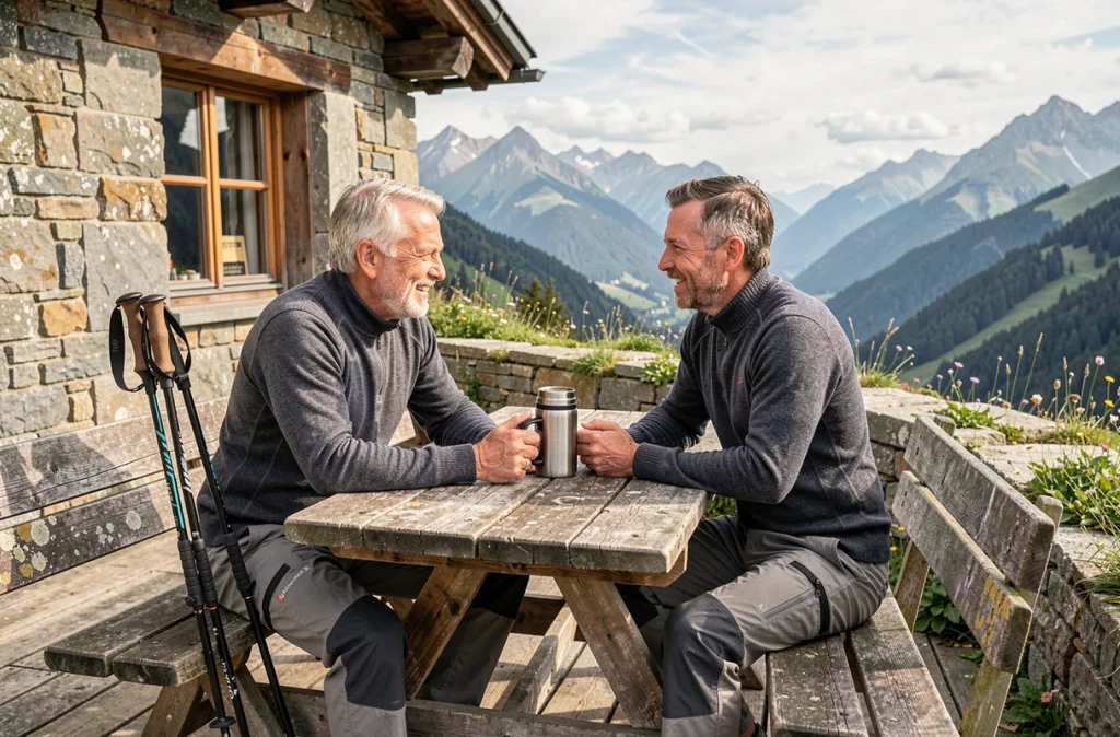 Deux randonneurs seniors célibataires partageant un café en terrasse d'un refuge alpin lors d'une sortie en montagne
