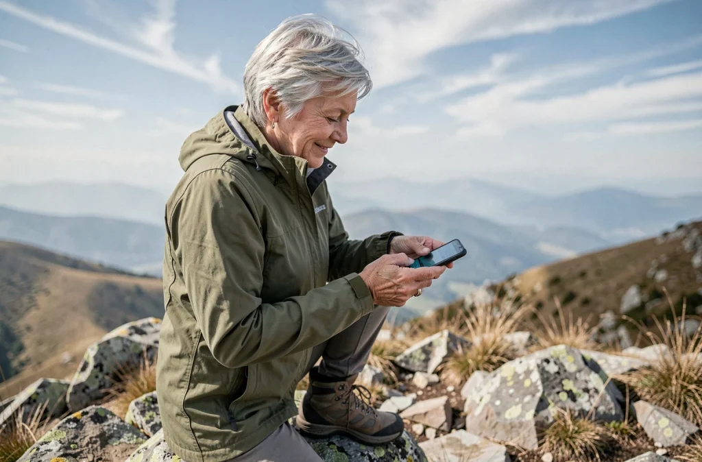 Femme senior autonome consultant son téléphone sur un sentier de montagne lors d'une randonnée solo