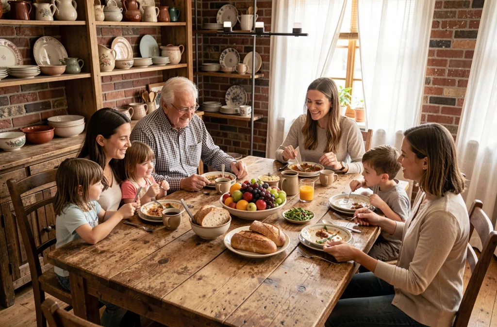 Famille multigénérationnelle réunie autour d'un repas lors de retrouvailles conviviales à la maison