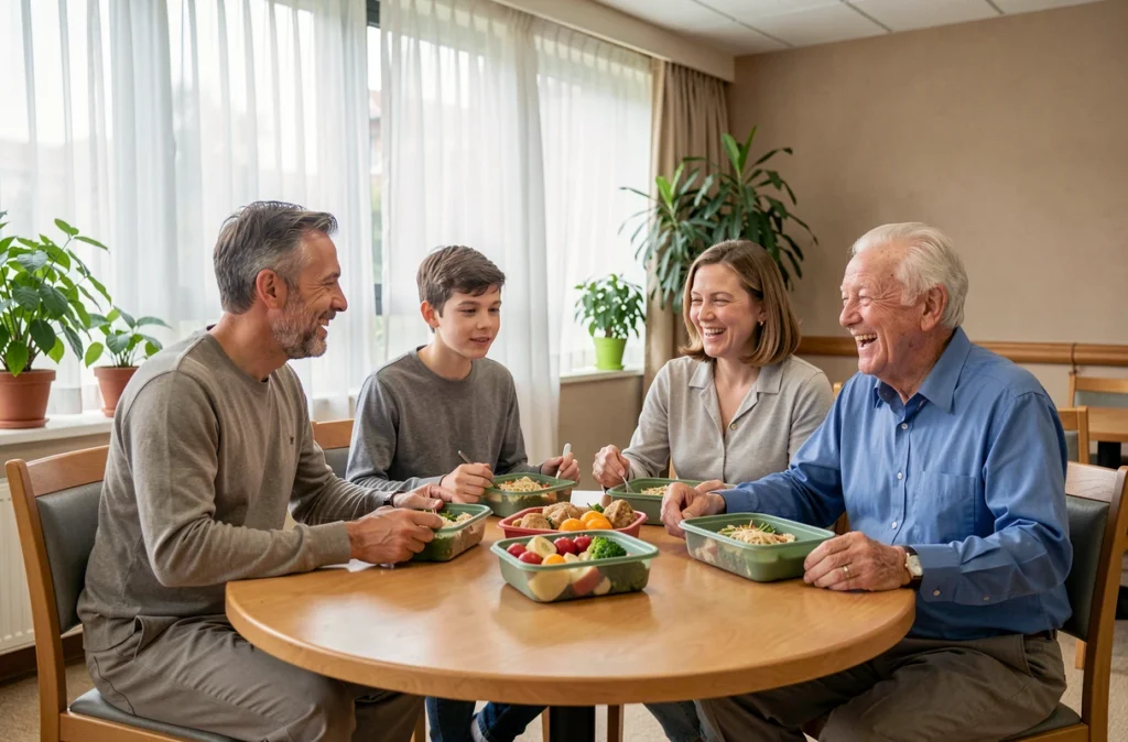 Une famille multigénérationnelle partage un repas ensemble dans la salle de visite d'une résidence senior