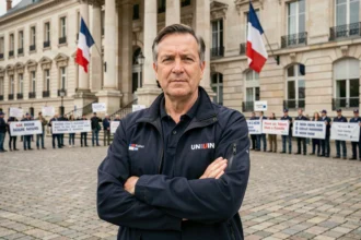 Représentant syndical déterminé devant un ministère français lors d'une négociation sociale en 2026