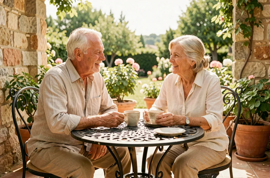 Deux résidents seniors profitent de la terrasse ensoleillée d'une maison de retraite à Nîmes dans un cadre provençal verdoyant