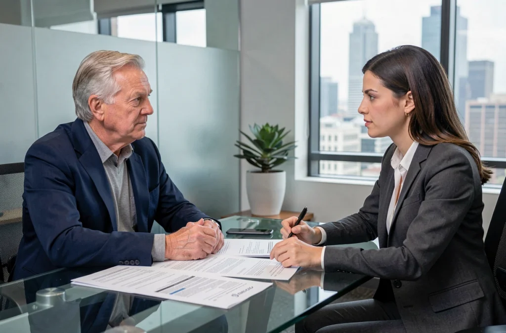 Retraité en consultation avec un conseiller fiscal pour comprendre l'abattement sur sa pension