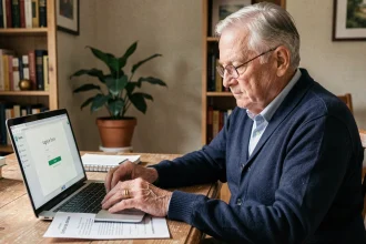 Retraité SNCF consultant son espace personnel en ligne sur un ordinateur portable à domicile