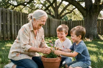 Grand-mère et petits-enfants riant ensemble dans un jardin lors de retrouvailles familiales estivales