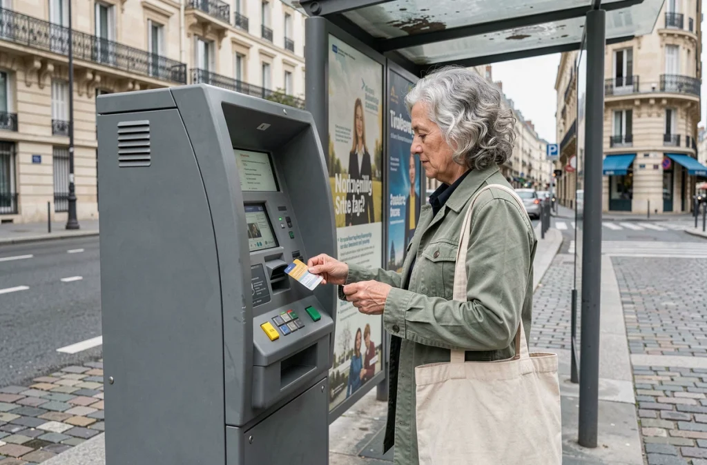 Femme âgée achetant un titre de transport senior à une borne automatique RATP dans un arrêt de bus parisien