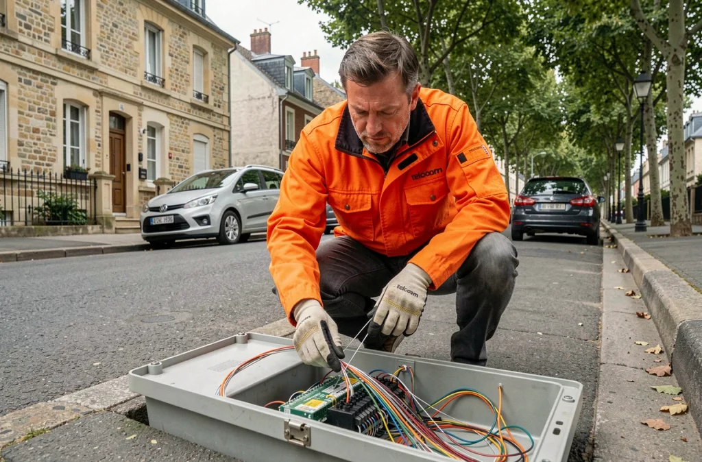 Technicien Orange inspectant un boîtier de fibre optique en rue lors du déploiement réseau prévu en 2026